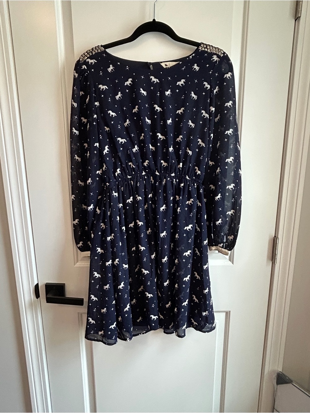 Navy Unicorn Print Long-Sleeve Elastic Waist Dress
